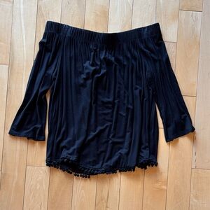 Black Off-Shoulder Top with Pom-Pom Hem